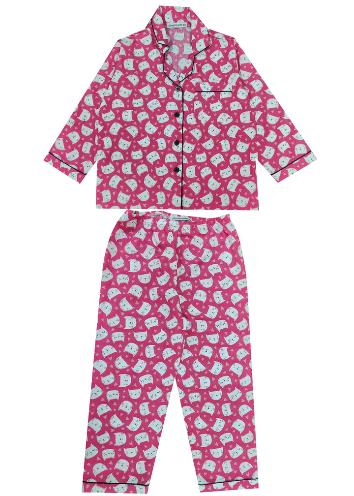 Bright Pink Kitty Long Sleeve Kids Night Suit