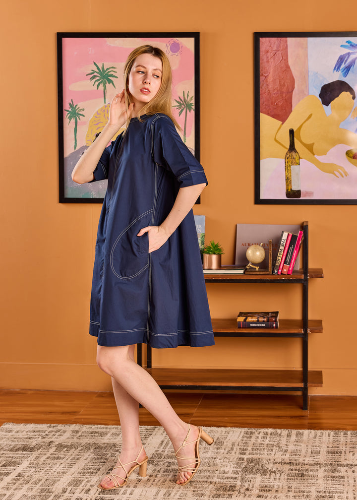 Contrast Stitching Cotton Poplin Dress with Pockets