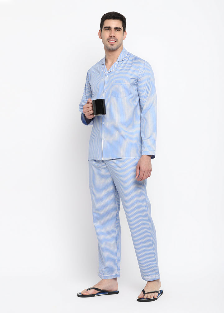 Hazy blue and white stripes long sleeve men's night suit