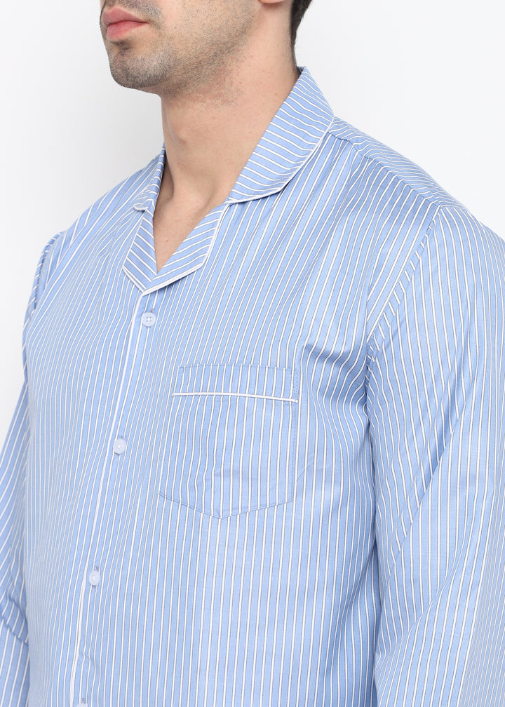 Hazy blue and white stripes long sleeve men's night suit