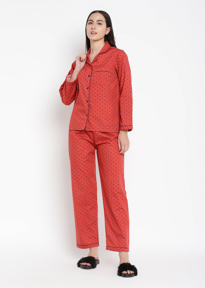 Polka Orange Long Sleeve Women's Night Suit