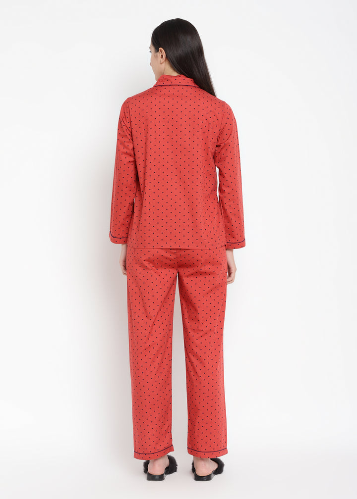 Polka Orange Long Sleeve Women's Night Suit