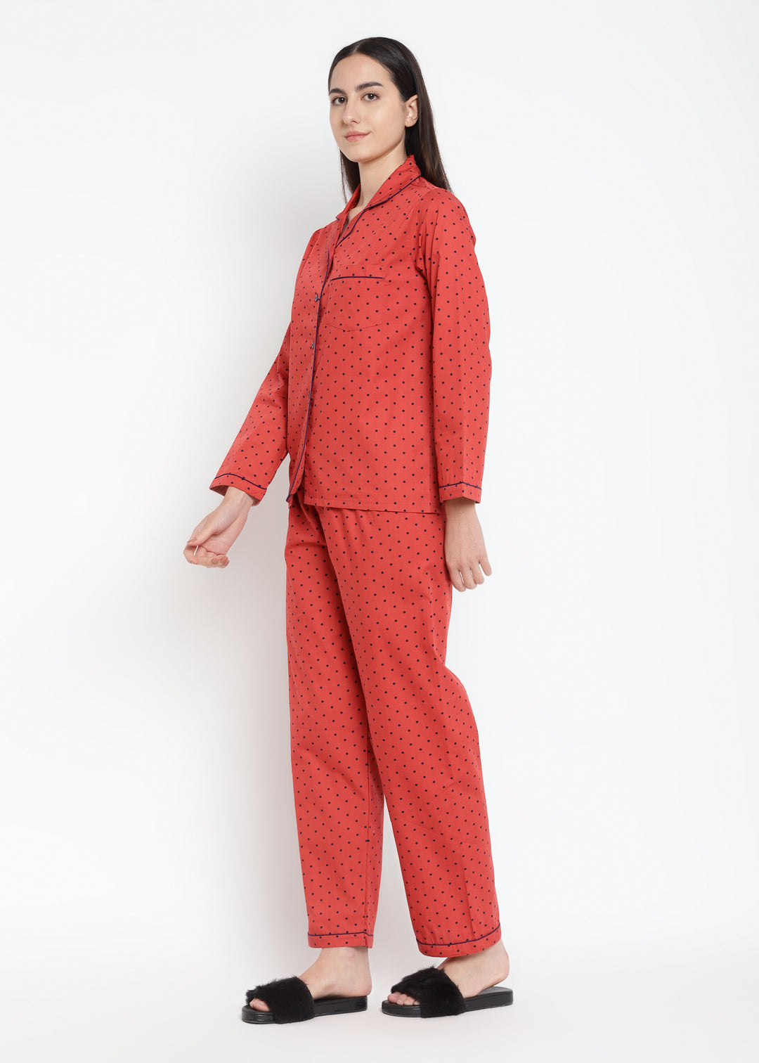 Polka Orange Long Sleeve Women's Night Suit