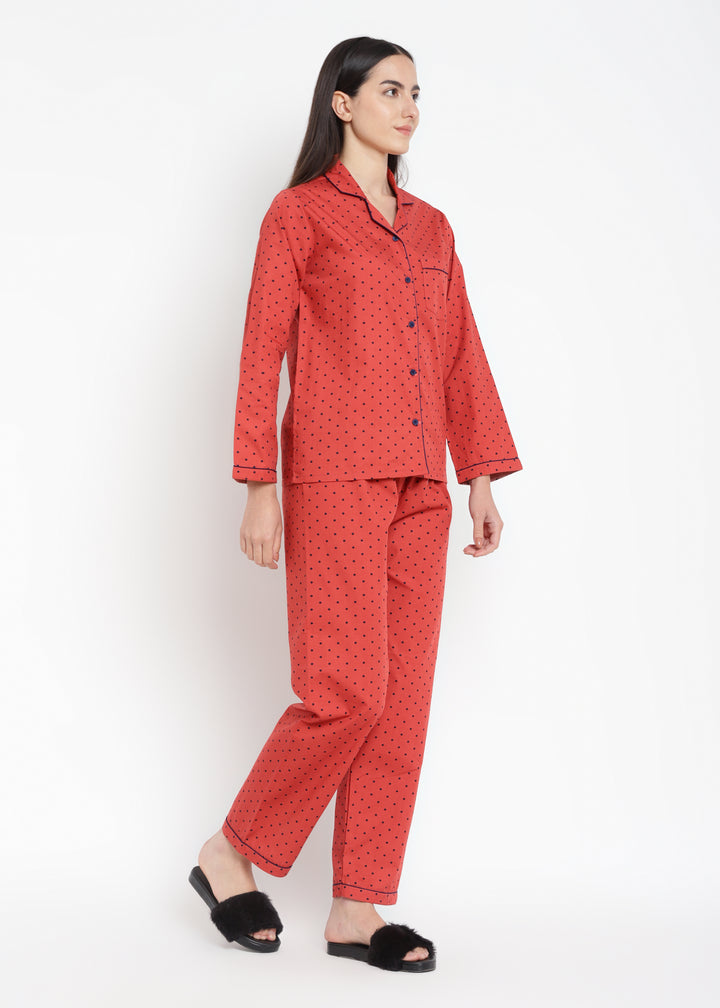 Polka Orange Long Sleeve Women's Night Suit