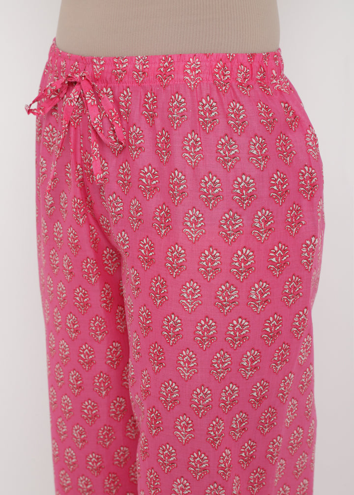 Pink Floral Motif Print V Neck Women's Night Suit