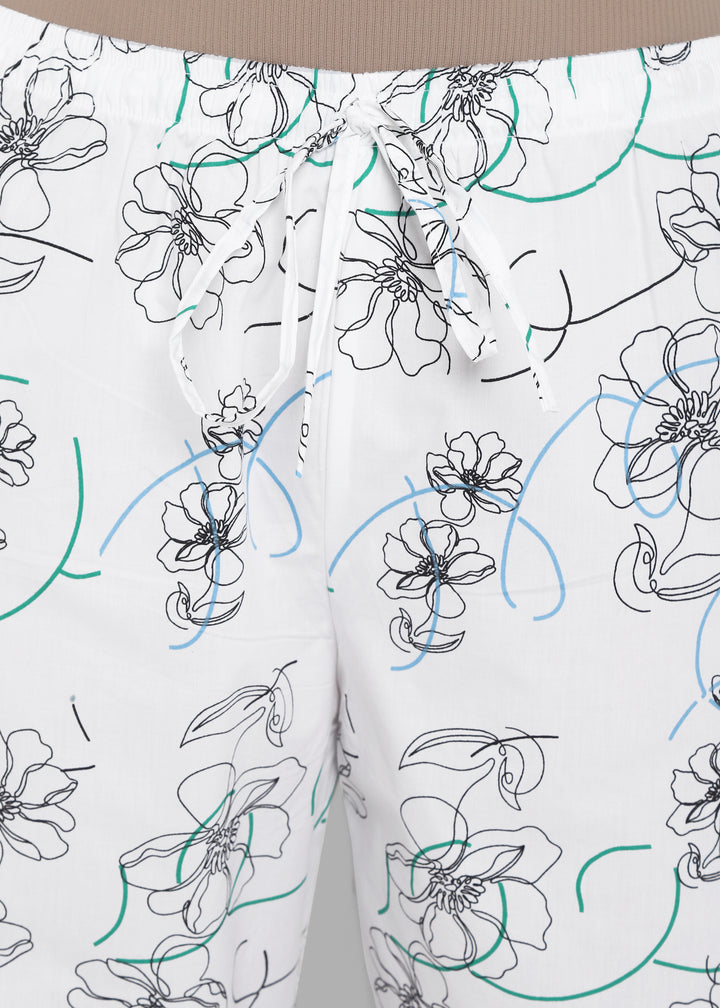 Floral Line Art Print Long Sleeve Women's Night suit