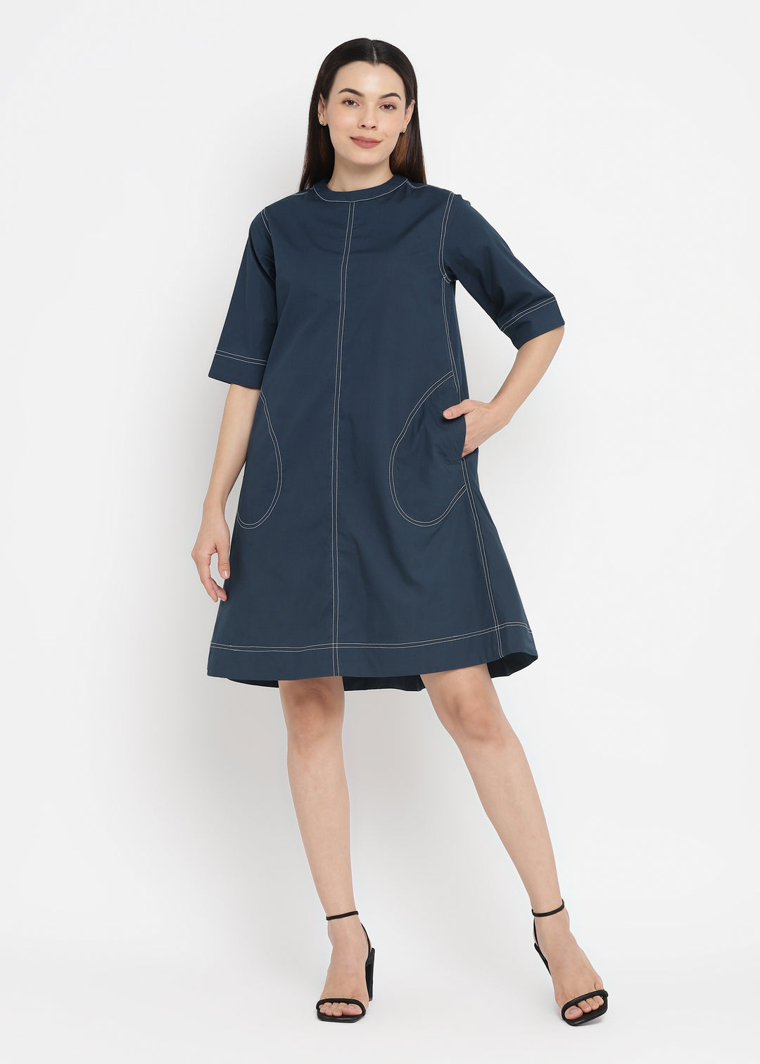 Contrast Stitching Cotton Poplin Dress with Pockets