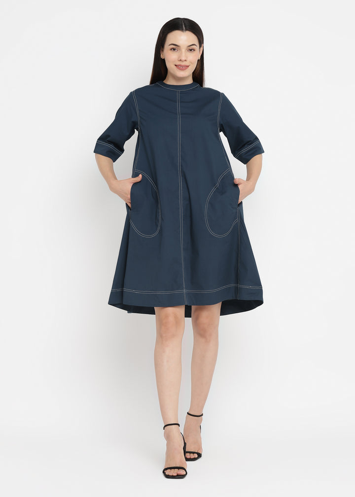 Contrast Stitching Cotton Poplin Dress with Pockets