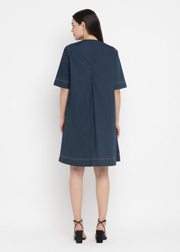 Contrast Stitching Cotton Poplin Dress with Pockets