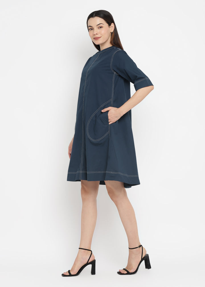 Contrast Stitching Cotton Poplin Dress with Pockets