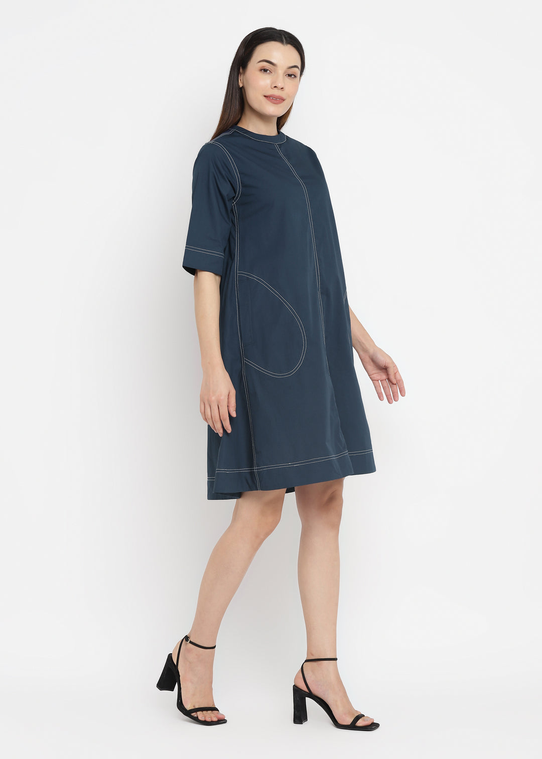 Contrast Stitching Cotton Poplin Dress with Pockets