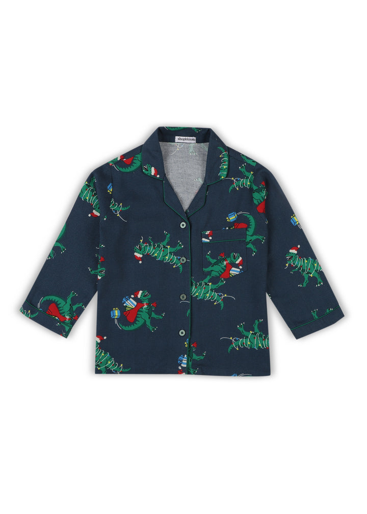 Christmas Dinosaur Print Cotton Flannel Long Sleeve Kid's Night Suit