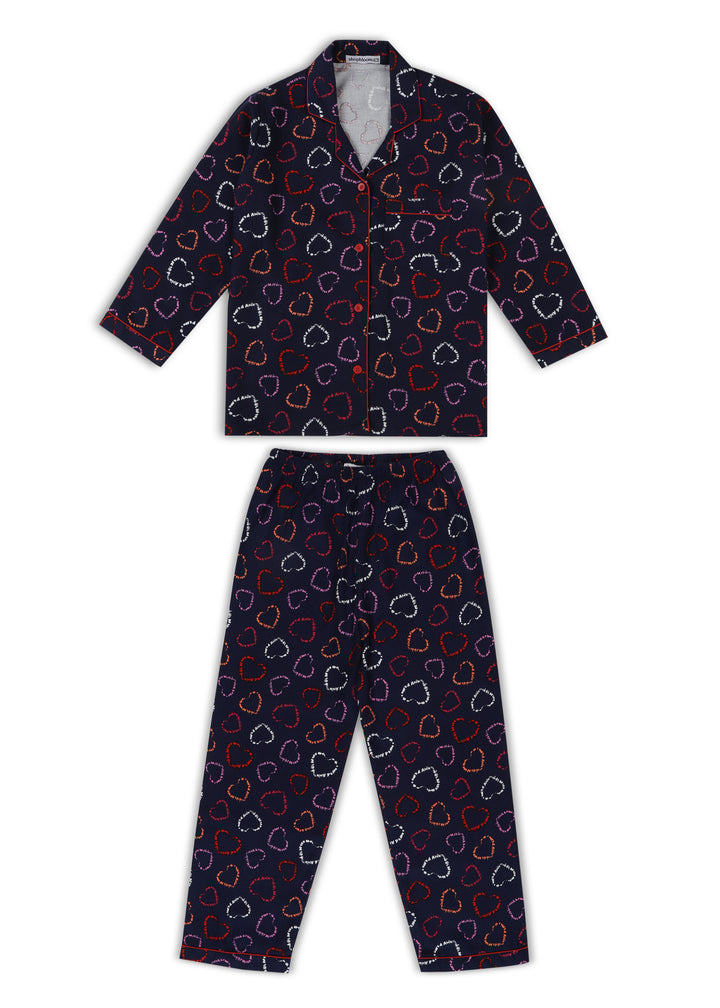 Hearts Print Cotton Flannel Long Sleeve Kid's Night Suit