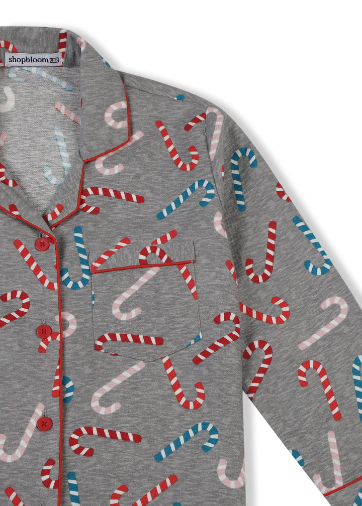 Bright Candy Canes Print Cotton Flannel Long Sleeve Kid's Night Suit