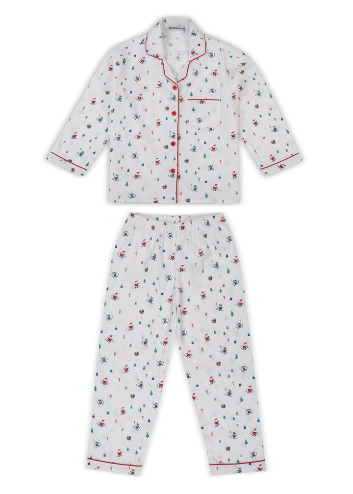 Santa On Snow Print Long Sleeve Kids Night Suit