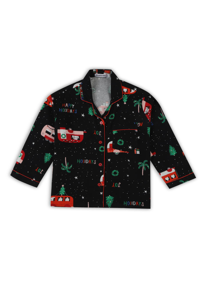 Happy Holidays Print Cotton Flannel Long Sleeve Kid's Night Suit