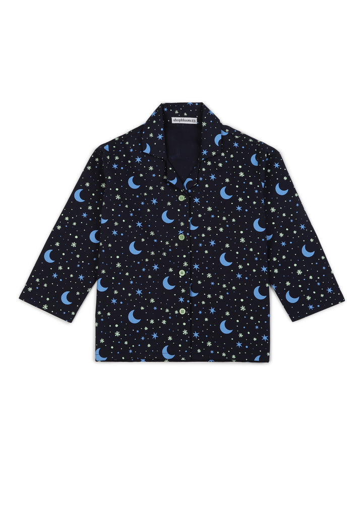 Star And Moon Glow In The Dark Print Navy Long Sleeve Kids Night Suit