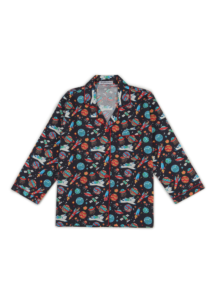 Space Rocket Print Long Sleeve Kids Night Suit