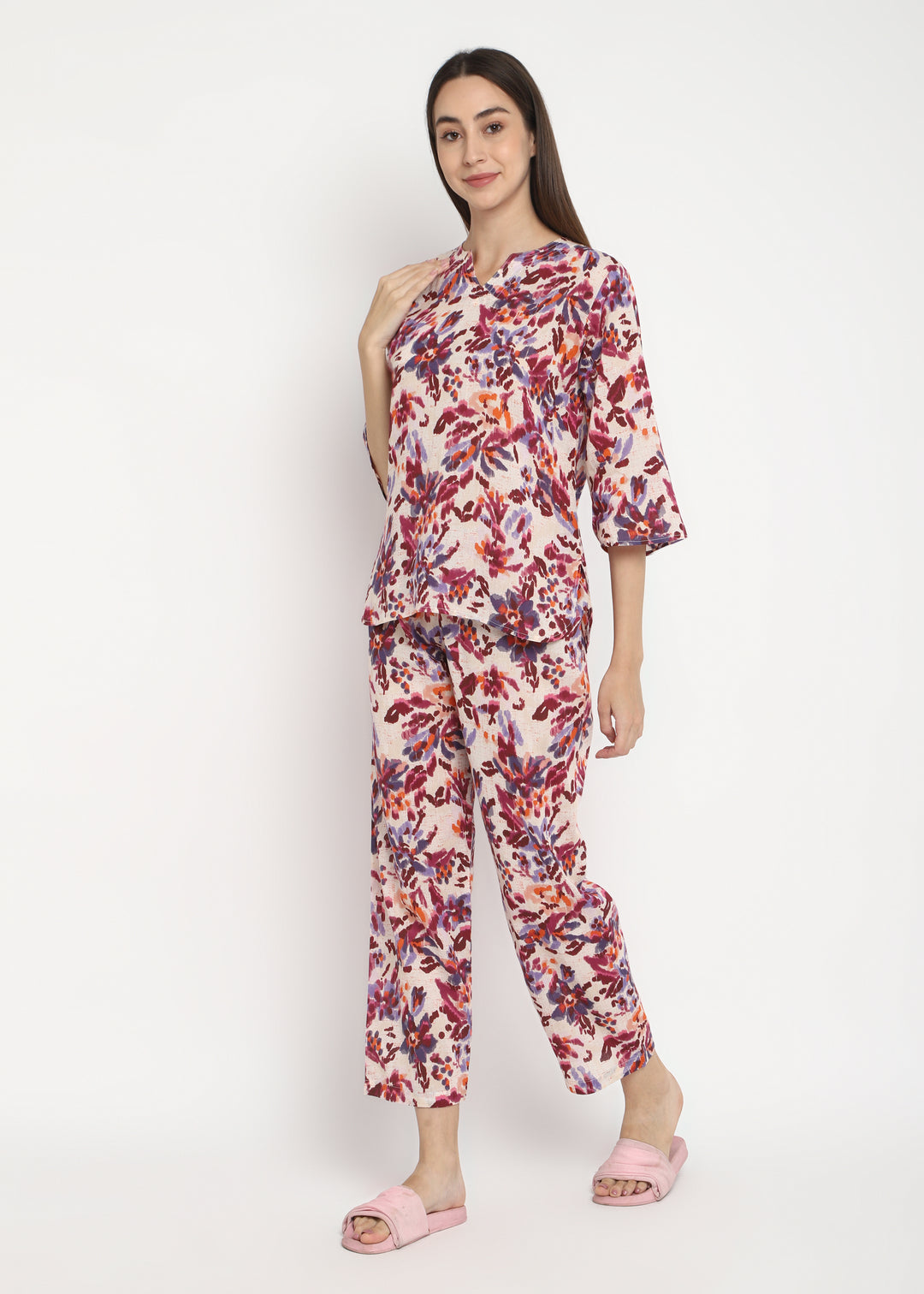 Abstract Flower V Neck Women's Night Suit