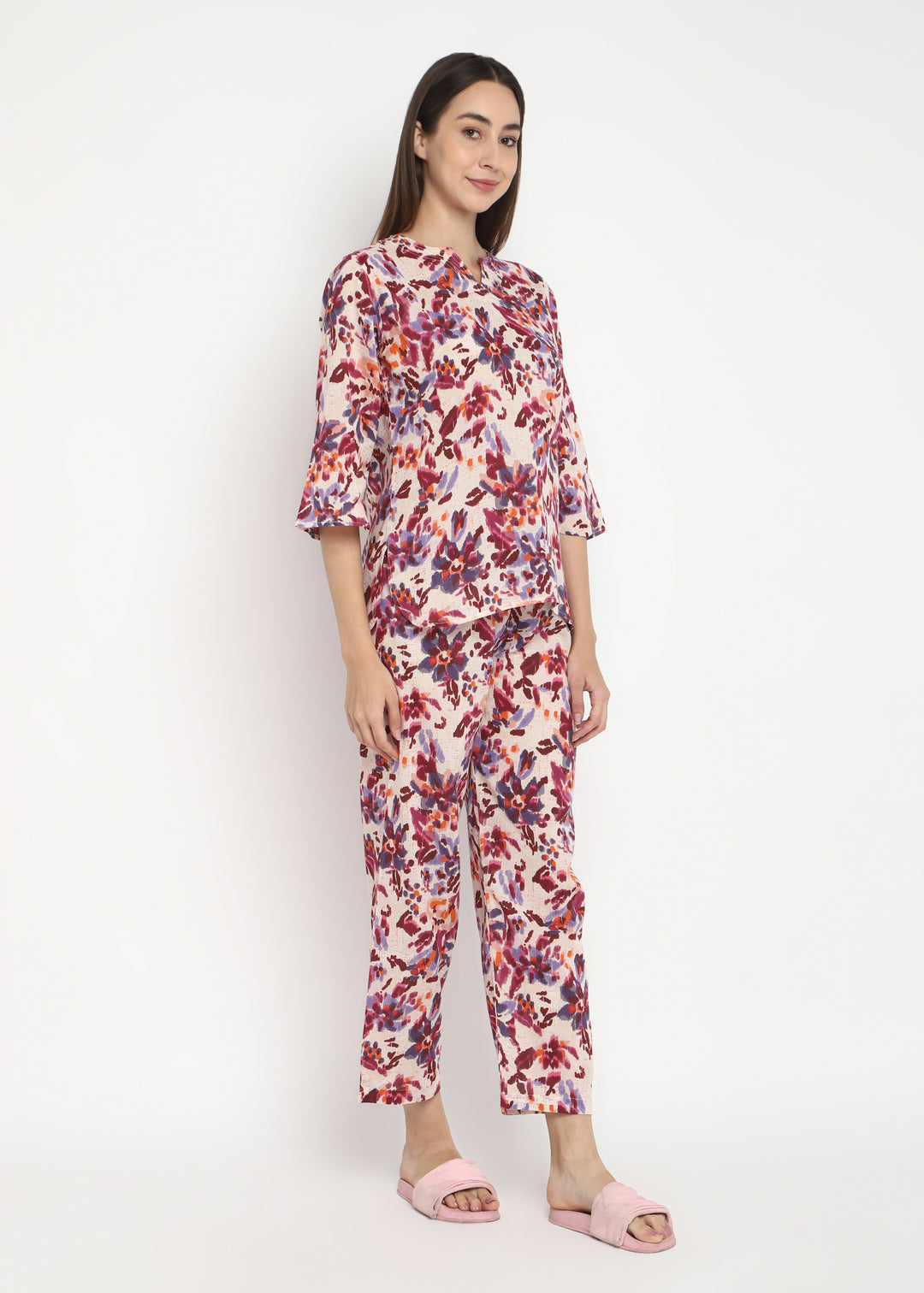 Abstract Flower V Neck Women's Night Suit