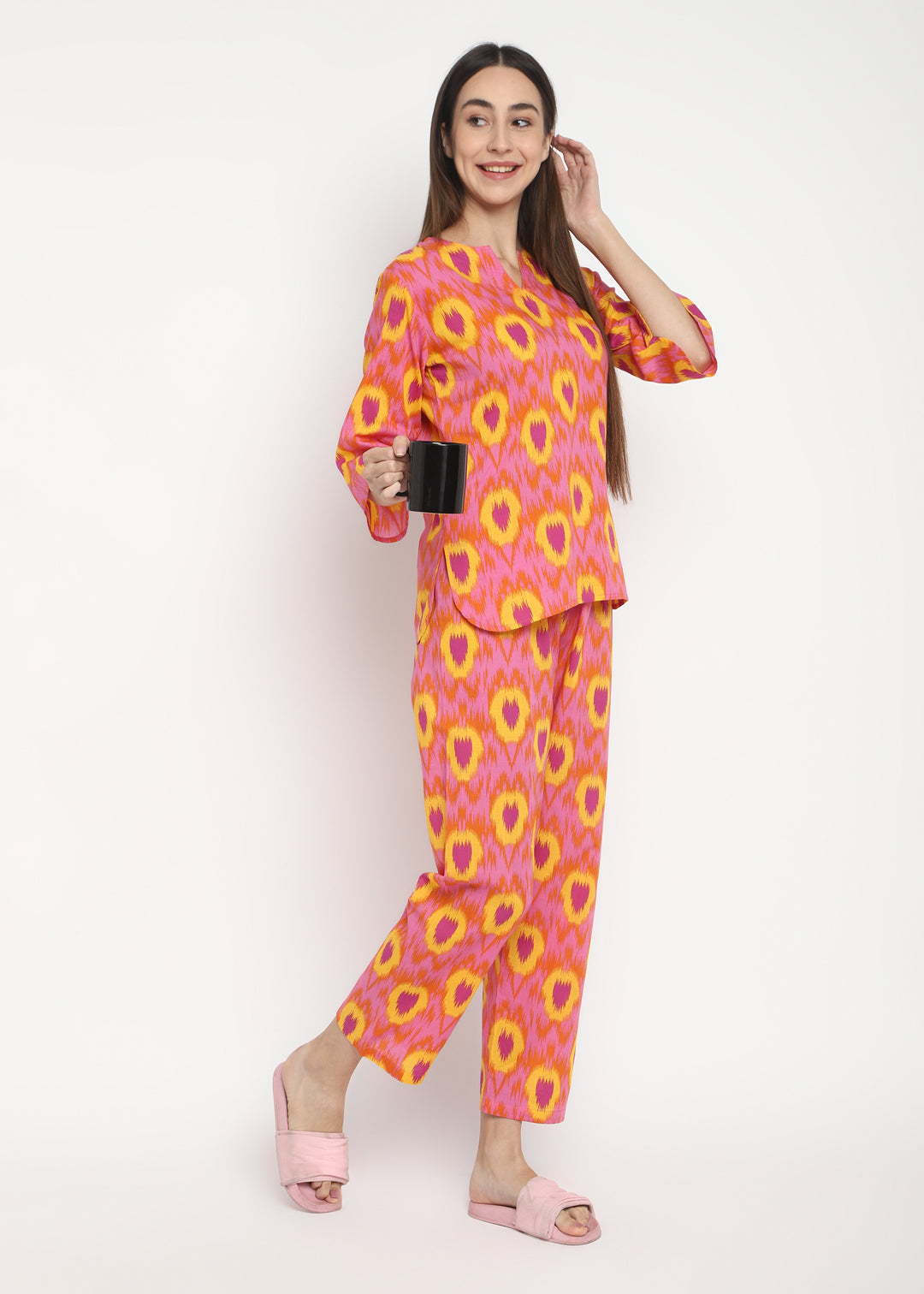 Bright Pink Ikat V Neck Women's Night Suit