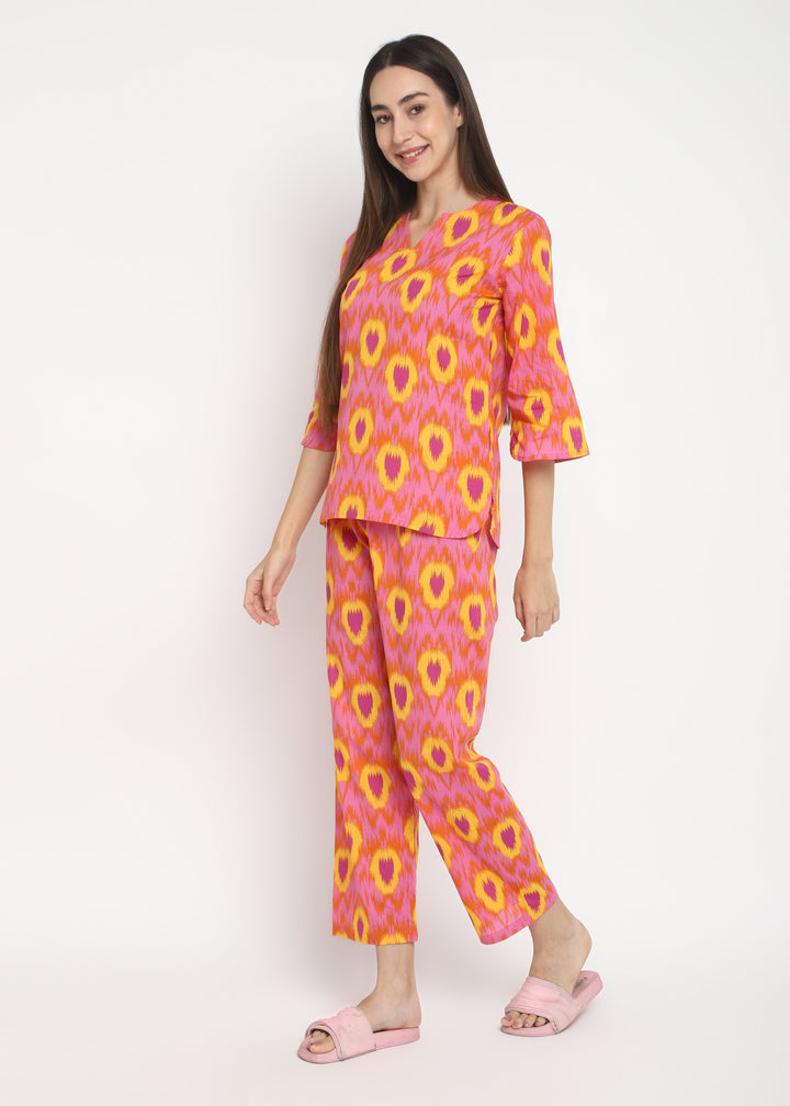 Bright Pink Ikat V Neck Women's Night Suit