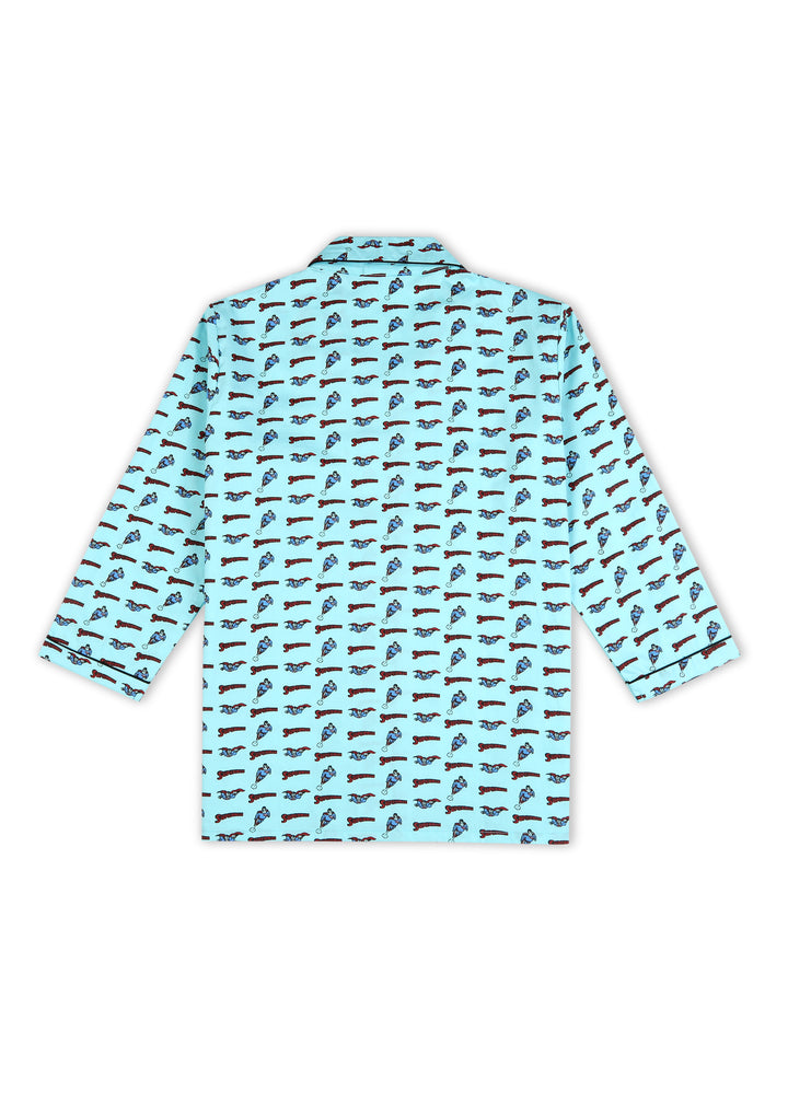 Blue Superman Print Long Sleeve Kids Night Suit