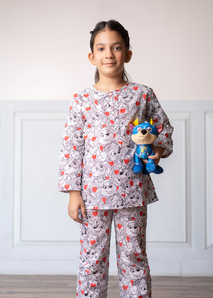 Paw Patrol Line Art Print Round Neck Long Sleeve Kids Night Suit