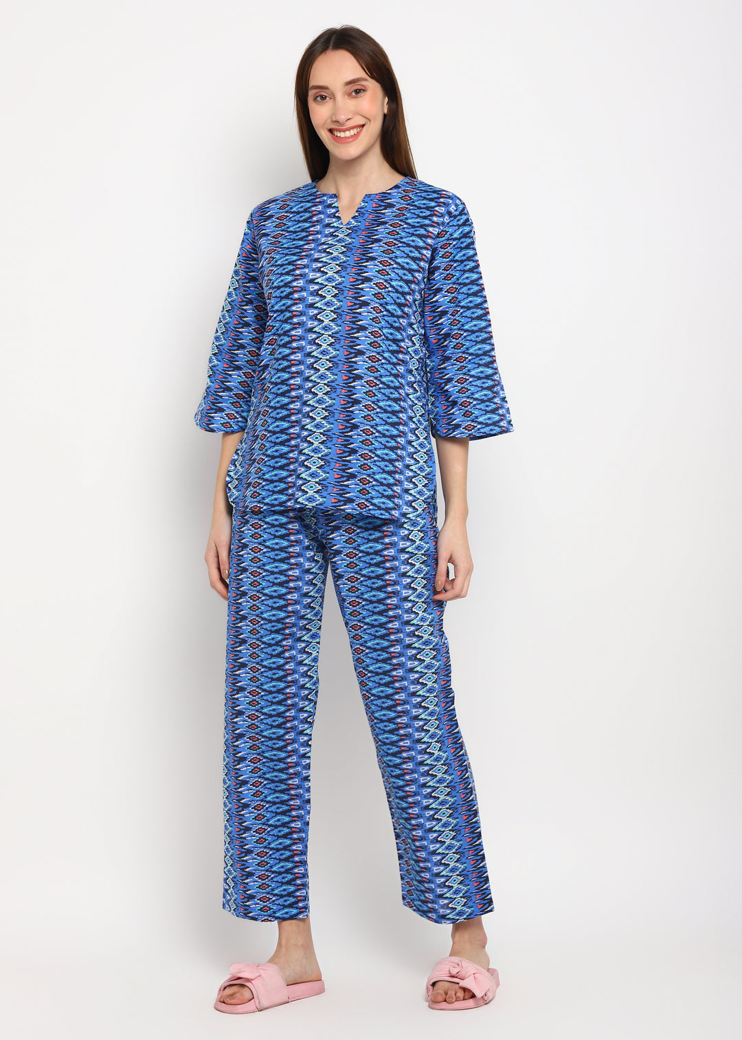 Blue Abstract Print V Neck 3/4th Sleeve Women's Night suit - Shopbloom