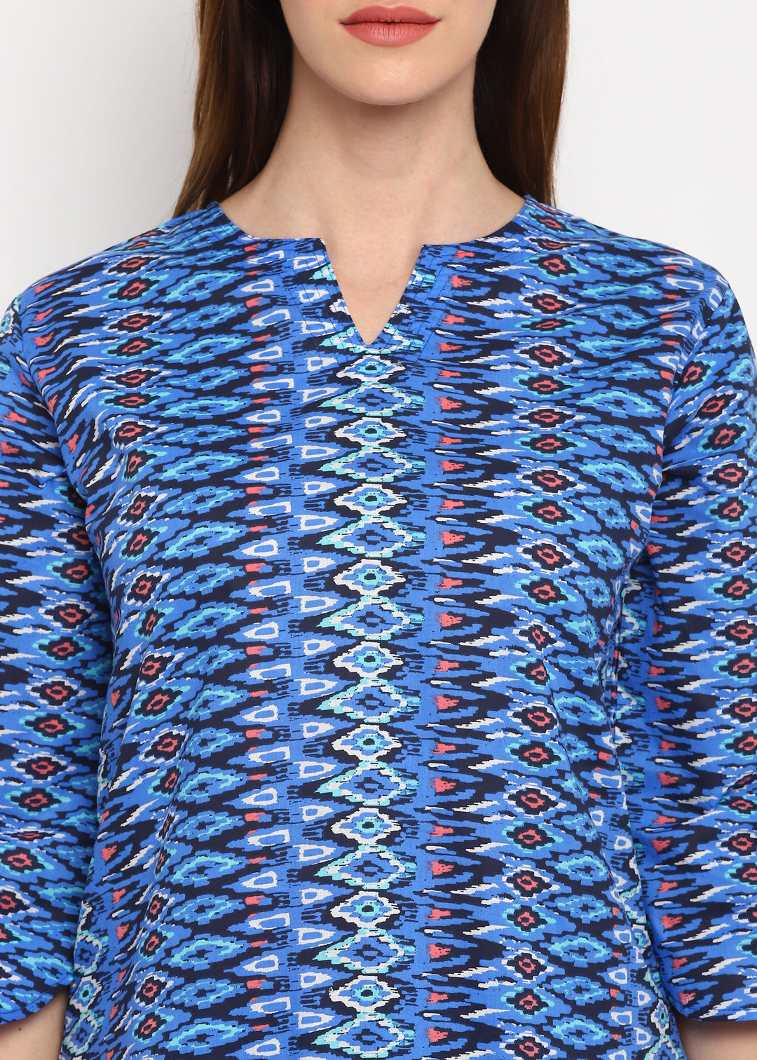 Blue Abstract Print V Neck 3/4th Sleeve Women's Night suit - Shopbloom