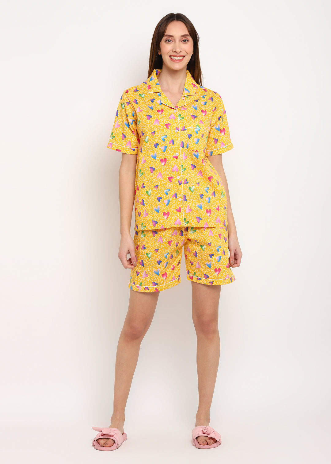 Yellow Heart Print Short Sleeve Women's Shorts Set - Shopbloom