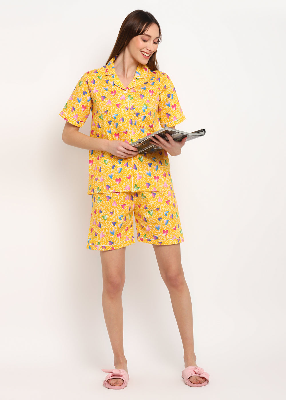 Yellow Heart Print Short Sleeve Women's Shorts Set - Shopbloom