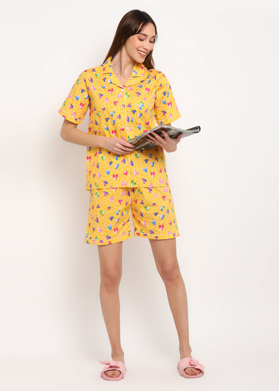 Yellow Heart Print Short Sleeve Women's Shorts Set - Shopbloom