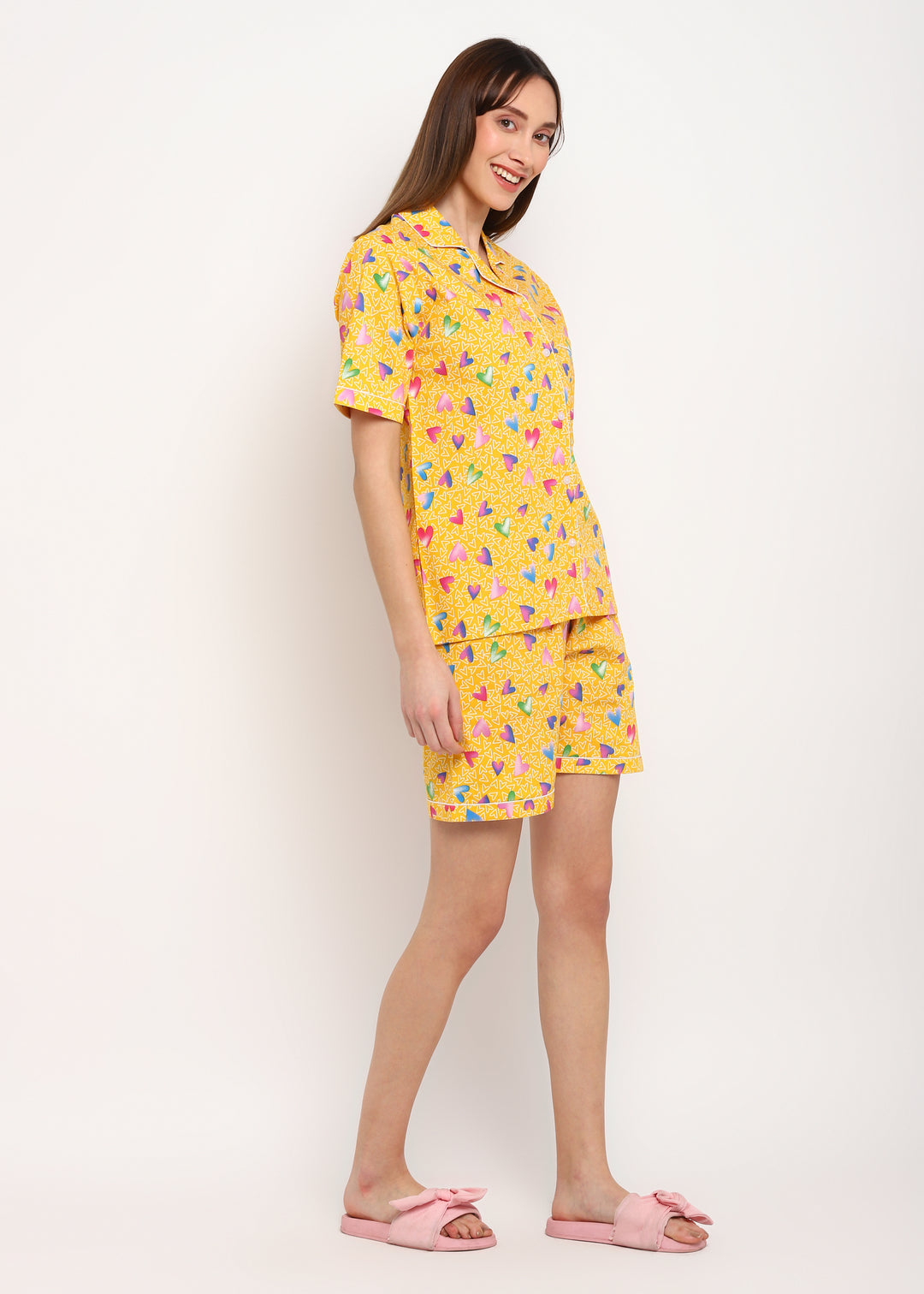 Yellow Heart Print Short Sleeve Women's Shorts Set - Shopbloom