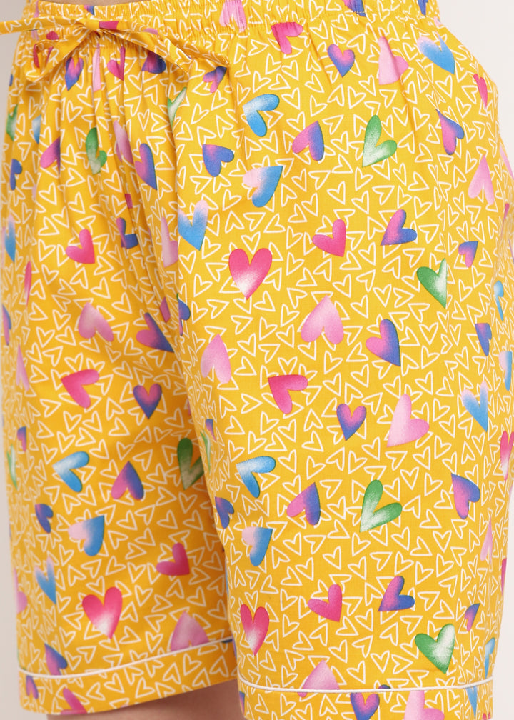 Yellow Heart Print Short Sleeve Women's Shorts Set - Shopbloom