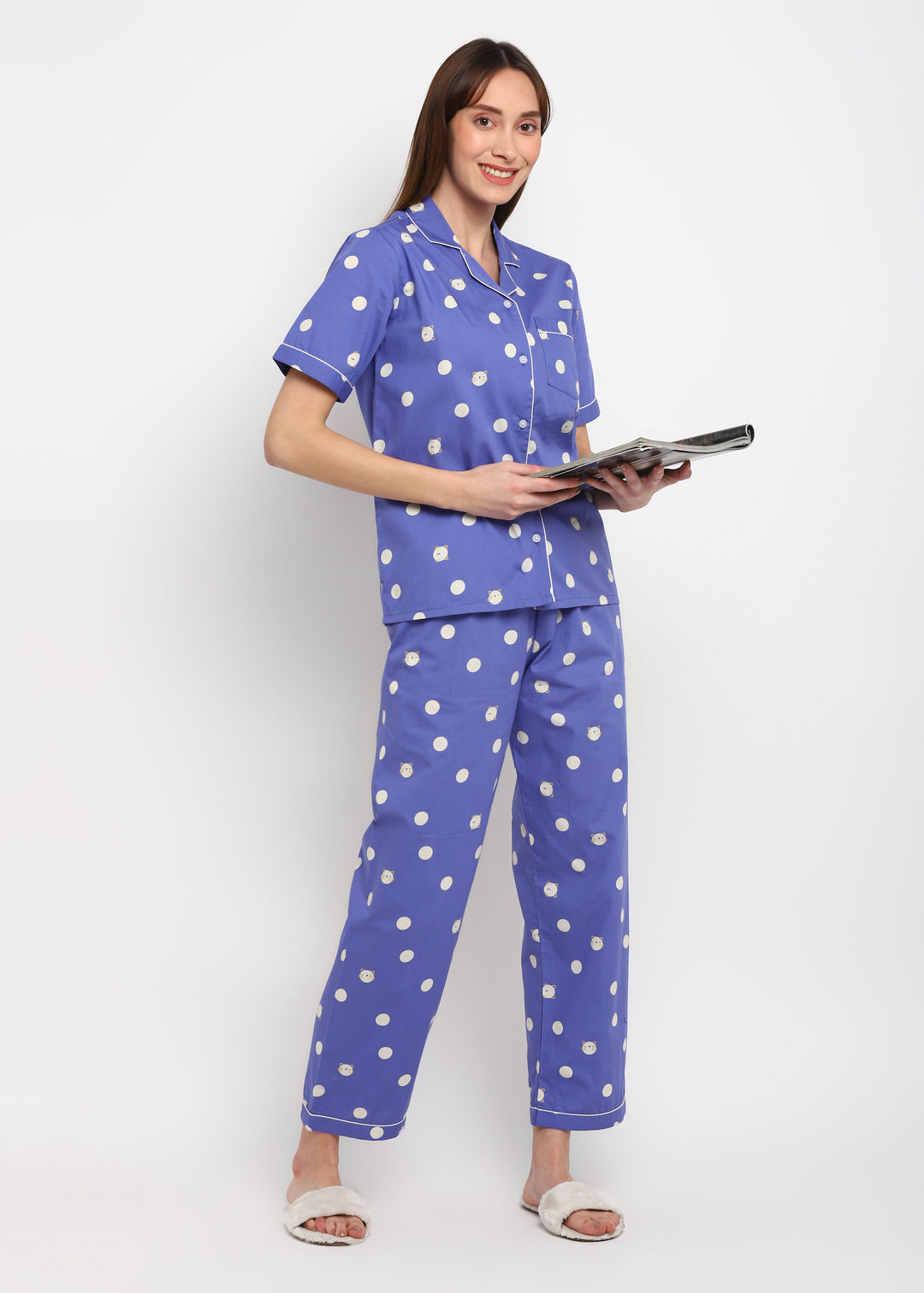 White Polka Dot Print Short Sleeve Women's Night Suit - Shopbloom