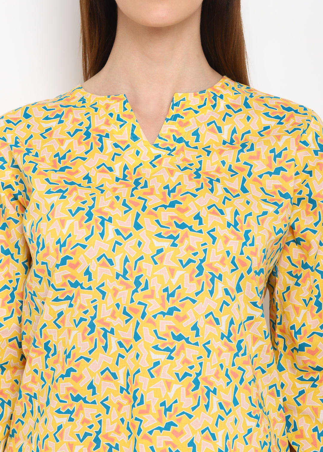 Yellow Zig Zag Line Print V Neck 3/4th Sleeve Women's Night Suit - Shopbloom