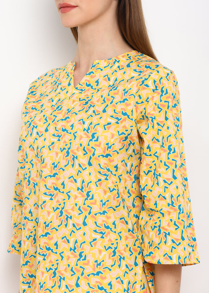 Yellow Zig Zag Line Print V Neck 3/4th Sleeve Women's Night Suit - Shopbloom