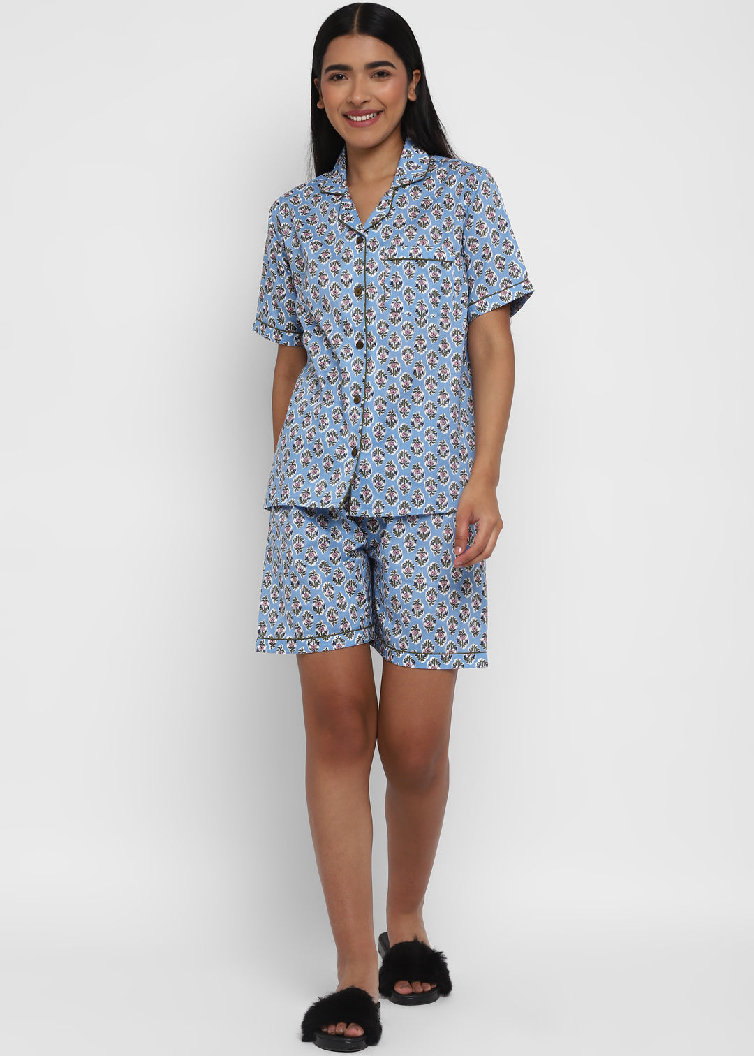 Sage Blue Print Short Sleeve Women's Boxer Set - Shopbloom