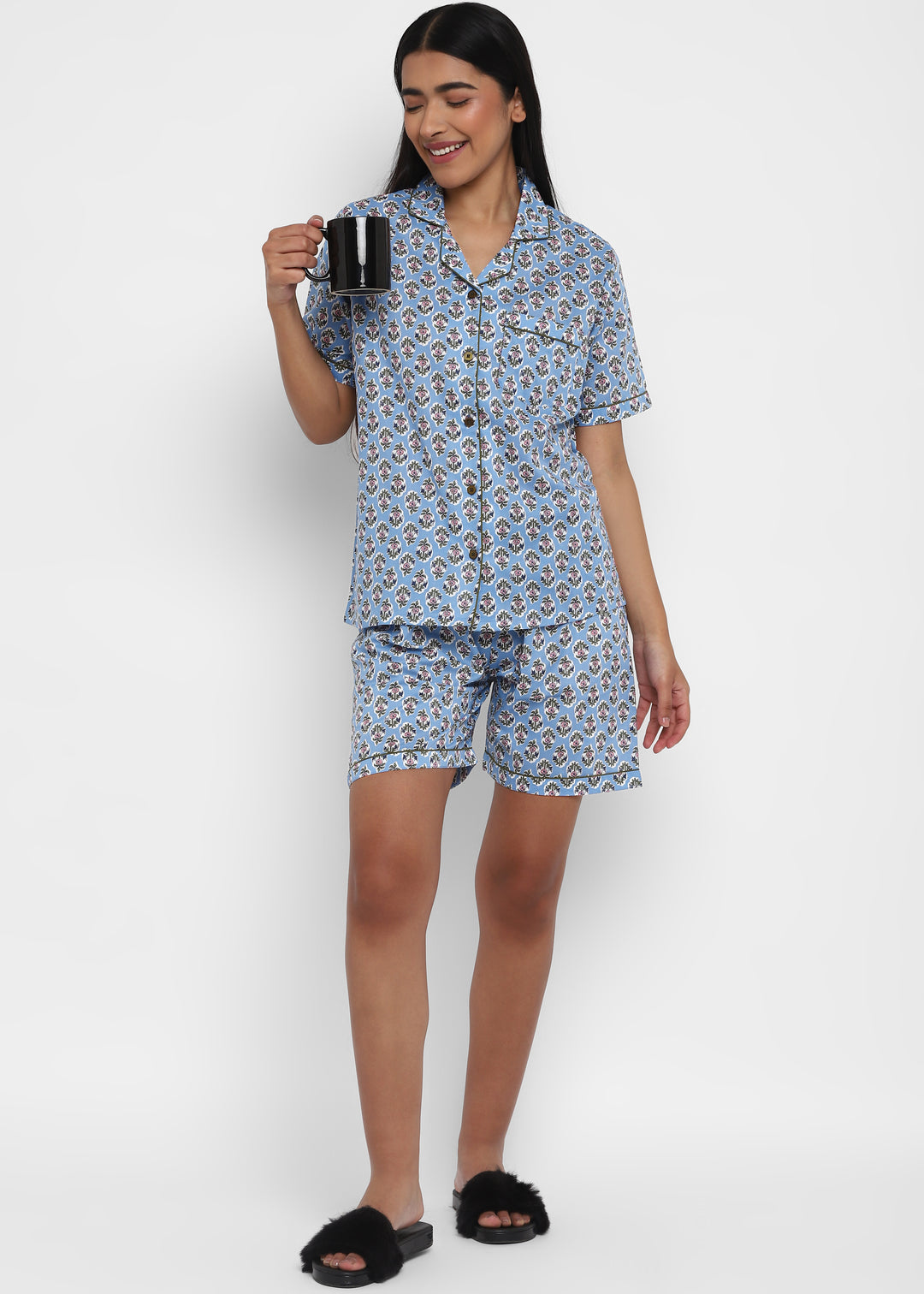 Sage Blue Print Short Sleeve Women's Boxer Set - Shopbloom