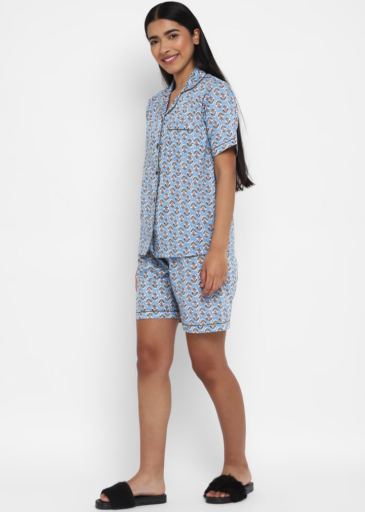 Sage Blue Print Short Sleeve Women's Boxer Set - Shopbloom