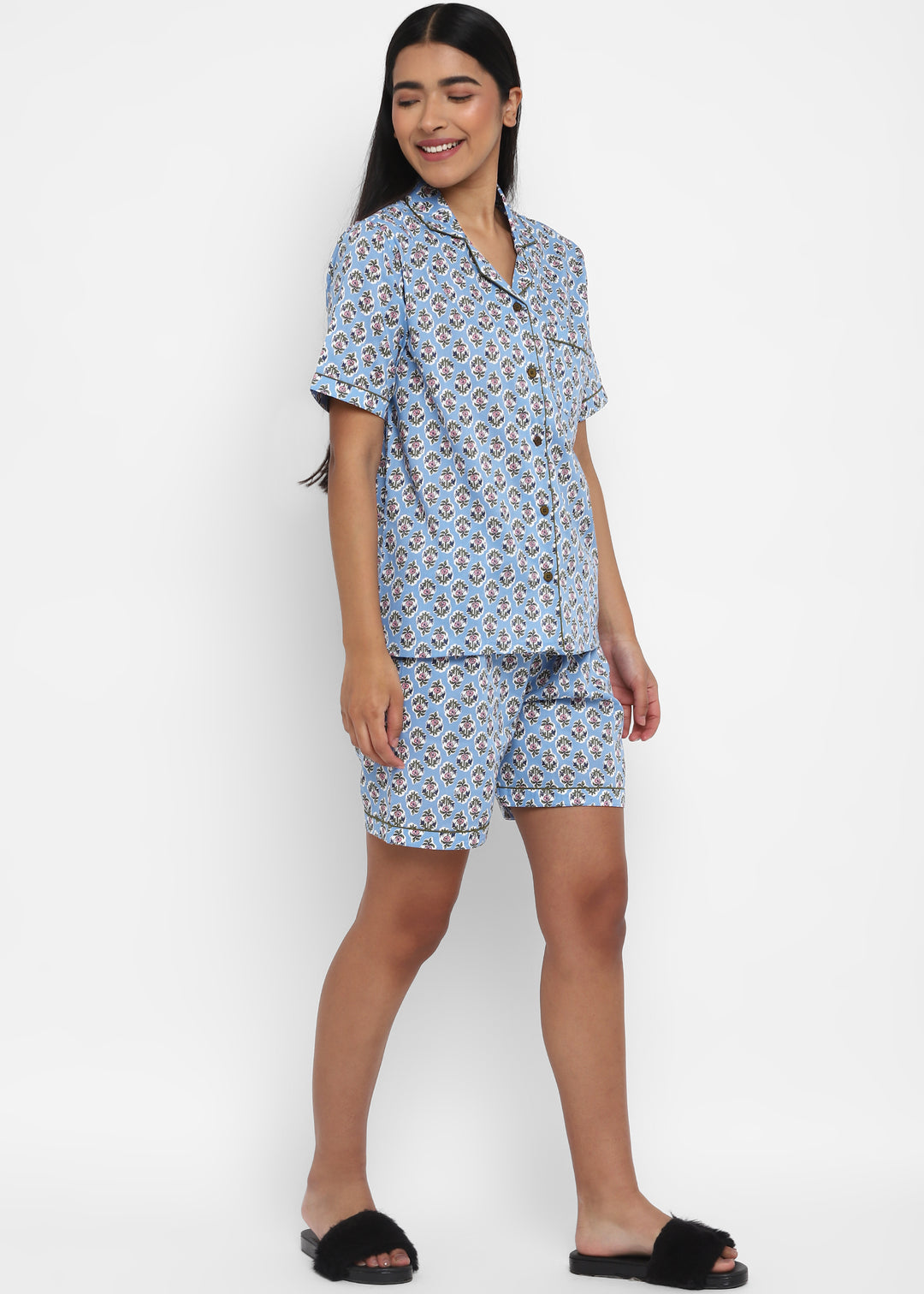 Sage Blue Print Short Sleeve Women's Boxer Set - Shopbloom