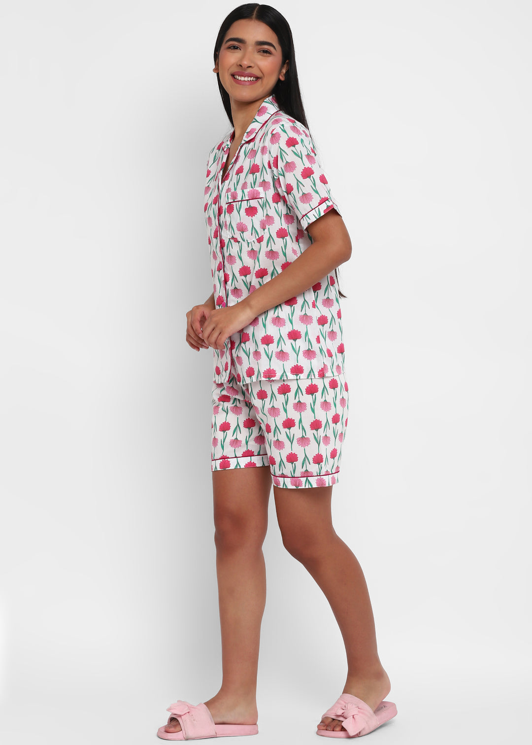 Red Floral Print Short Sleeve Women's Boxer Set - Shopbloom