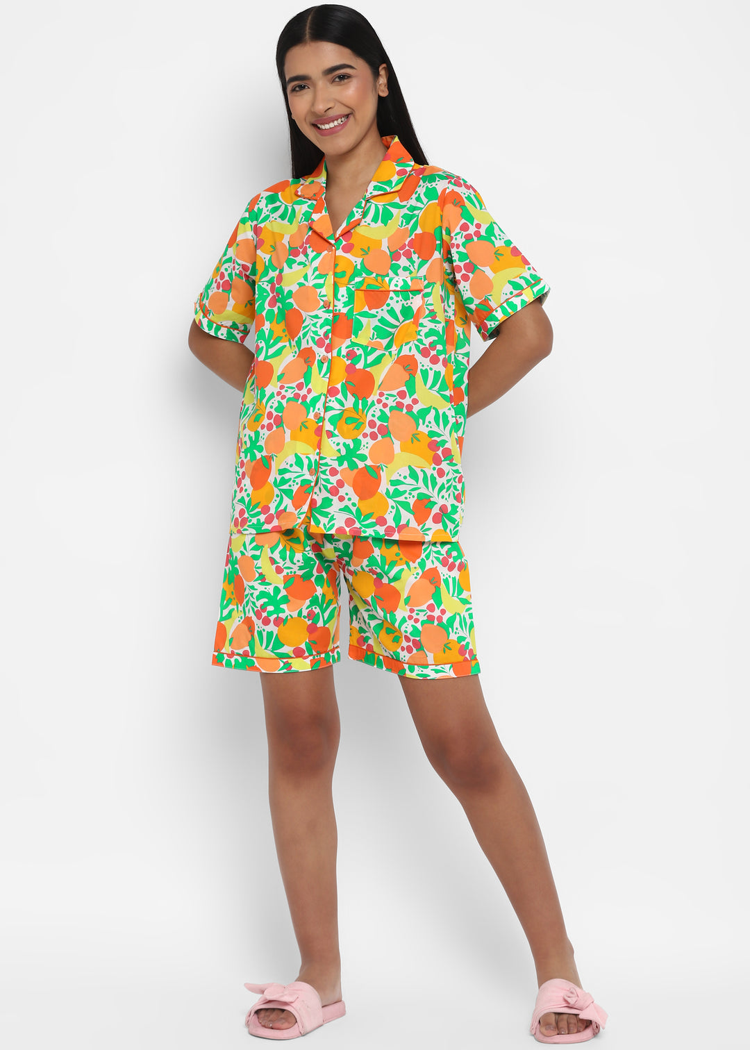 Fruity Orange Print Short Sleeve Women's Boxer Set - Shopbloom