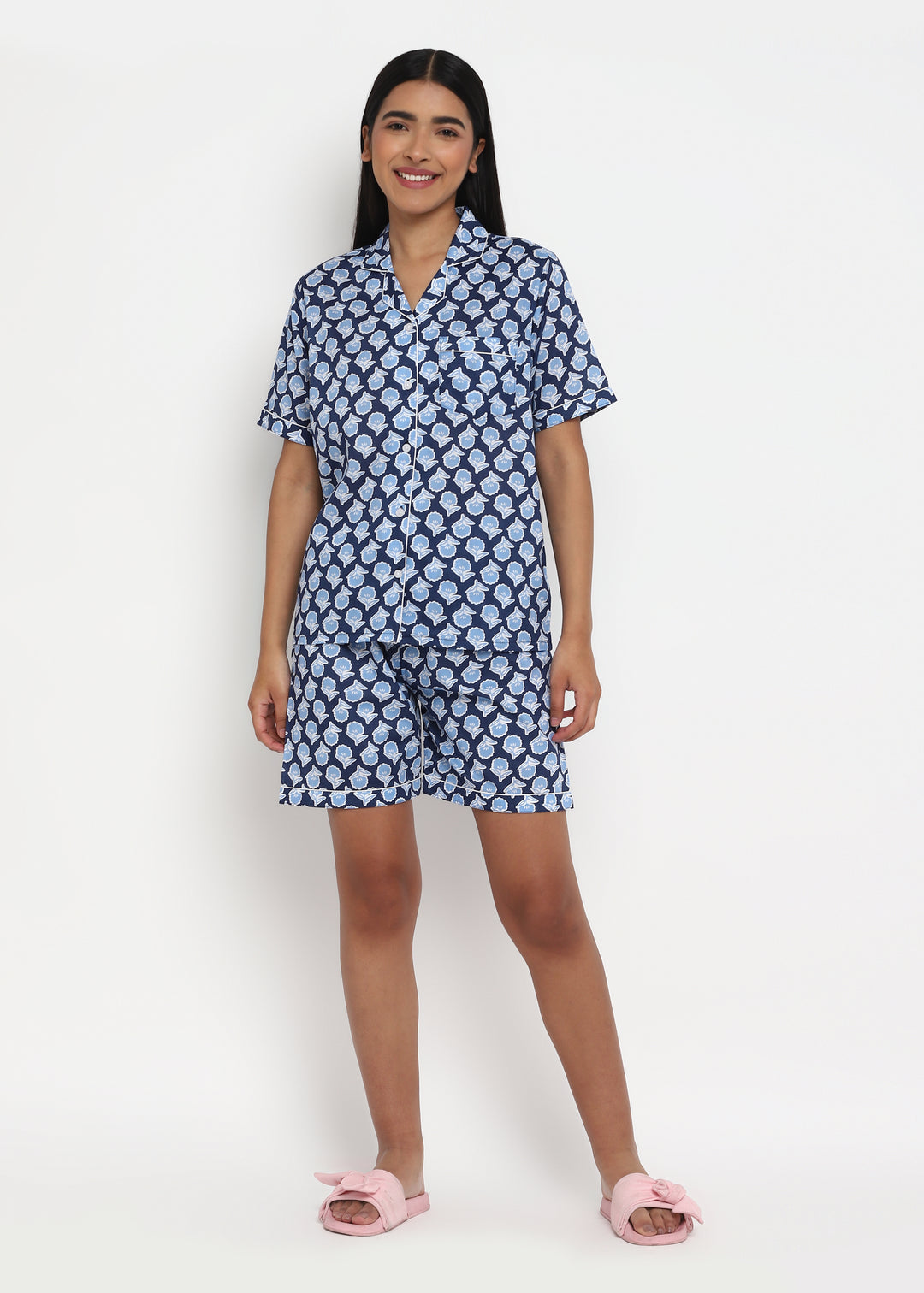 Blue Bud Print Short Sleeve Women's Boxer Set - Shopbloom