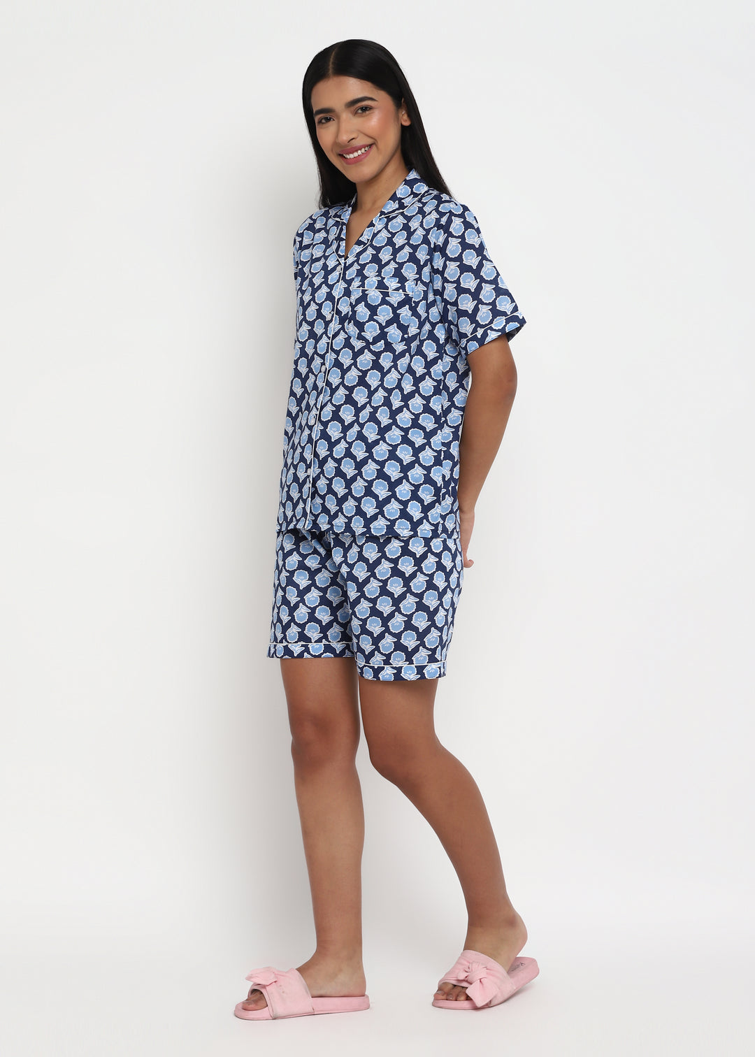 Blue Bud Print Short Sleeve Women's Boxer Set - Shopbloom