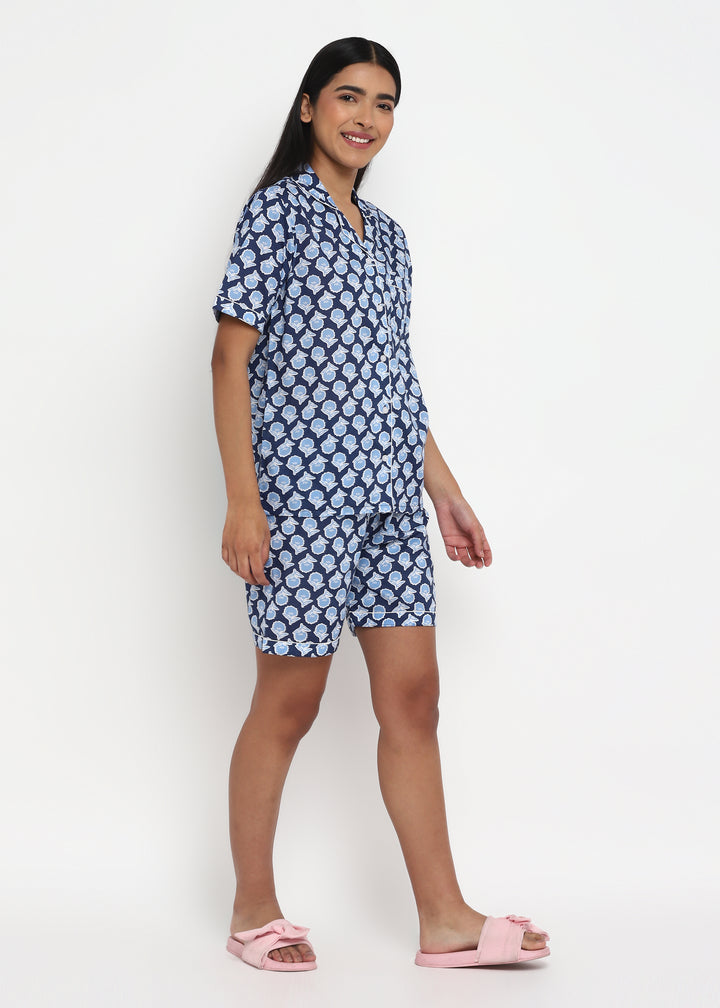 Blue Bud Print Short Sleeve Women's Boxer Set - Shopbloom