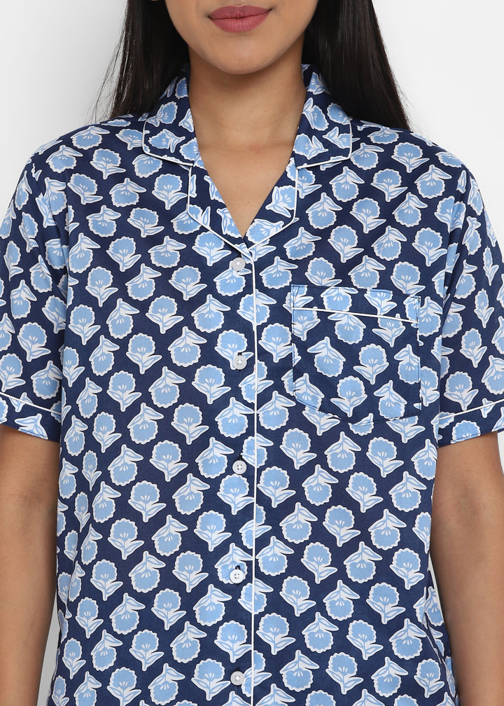 Blue Bud Print Short Sleeve Women's Boxer Set - Shopbloom