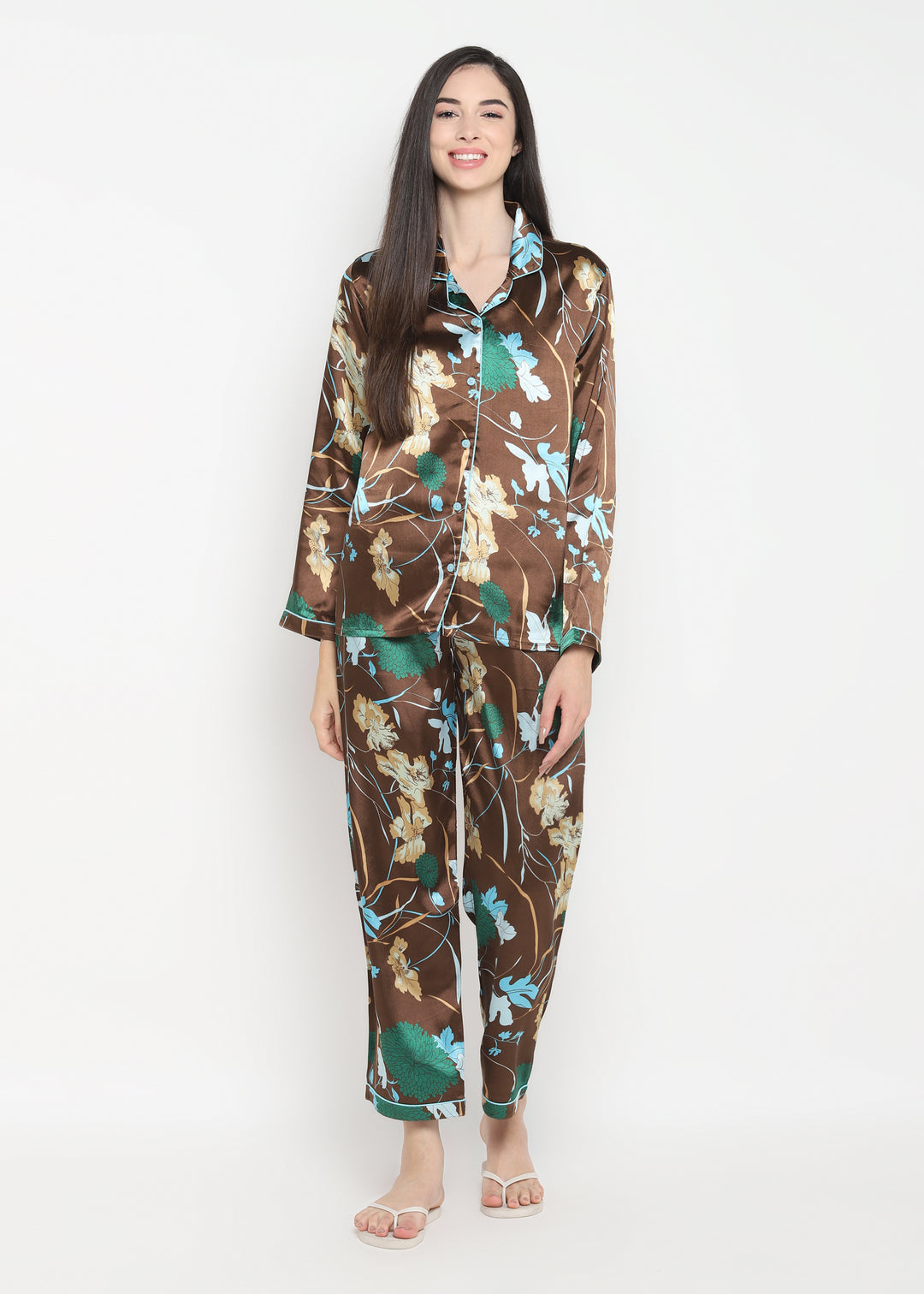 Big Flower Print Satin Long Sleeve Women's Night Suit - Shopbloom