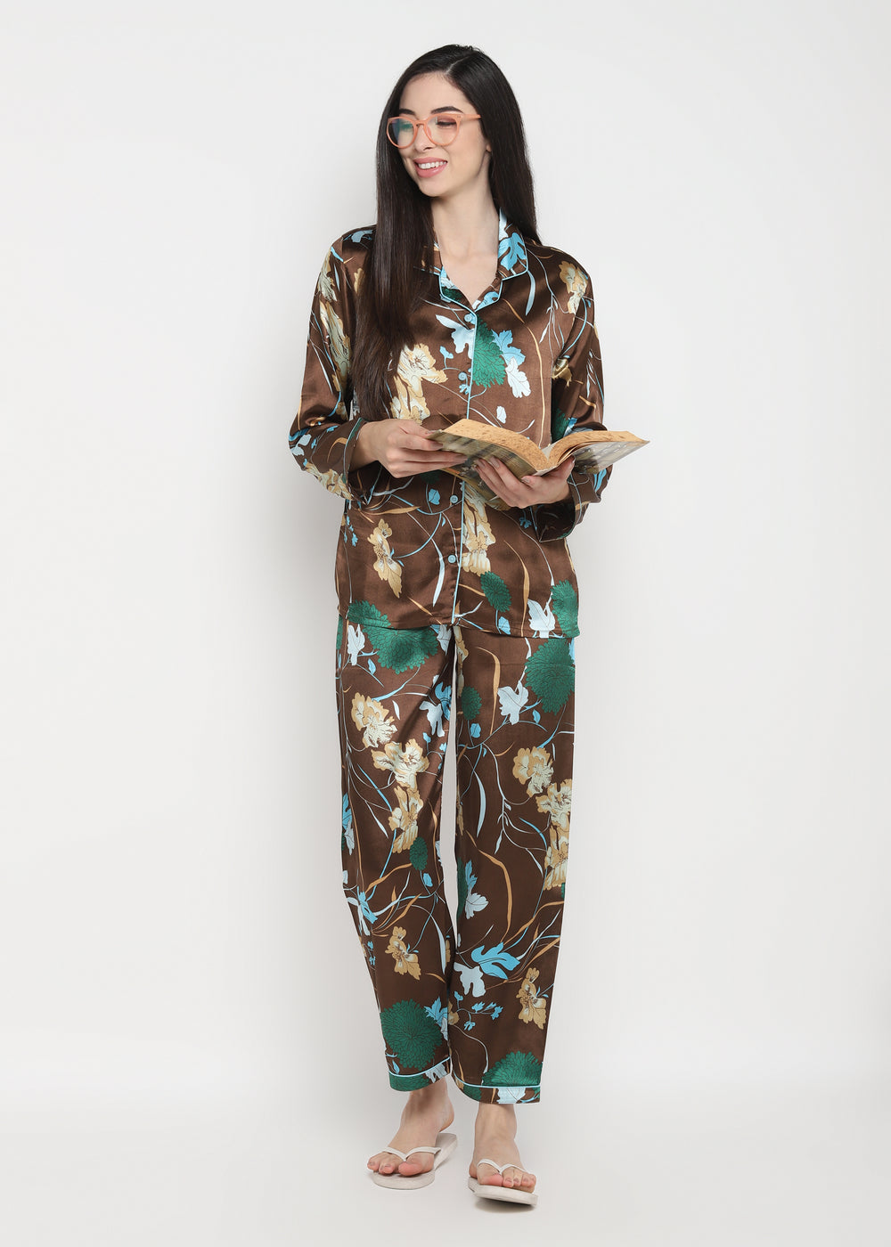 Big Flower Print Satin Long Sleeve Women's Night Suit - Shopbloom